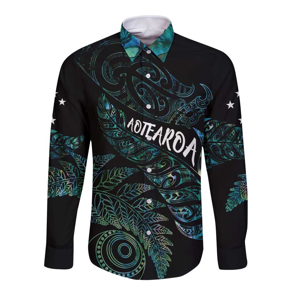 Aotearoa Personalized Lawn Bowls Maori Long Sleeve Button Shirt New Zealand Paua Shell Tribal Silver Fern LT7 Unisex Green - Polynesian Pride