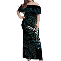 Aotearoa Personalized Lawn Bowls Maori Off Shoulder Maxi Dress New Zealand Paua Shell Tribal Silver Fern LT7 Women Green - Polynesian Pride