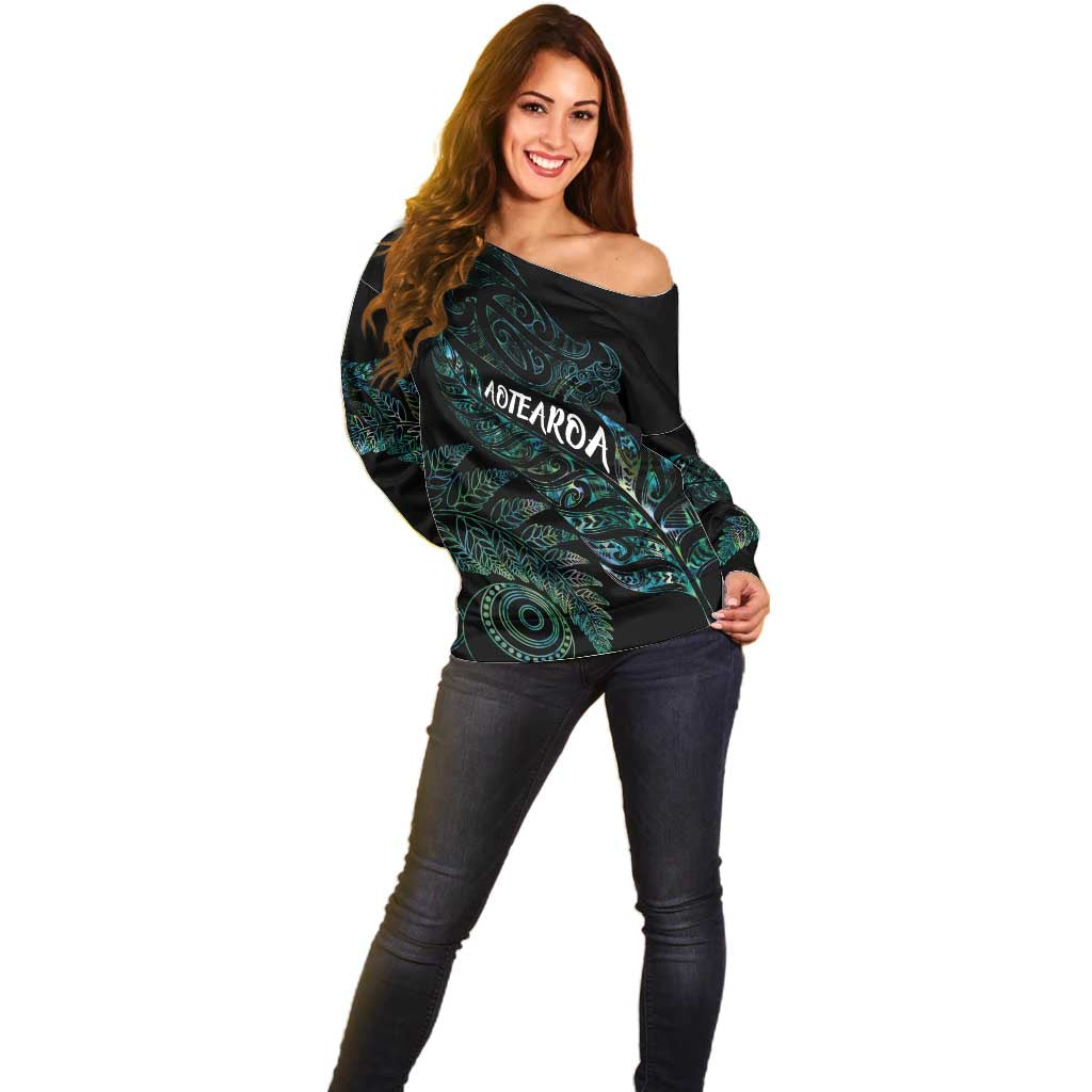 Aotearoa Personalized Lawn Bowls Maori Off Shoulder Sweater New Zealand Paua Shell Tribal Silver Fern LT7 - Polynesian Pride