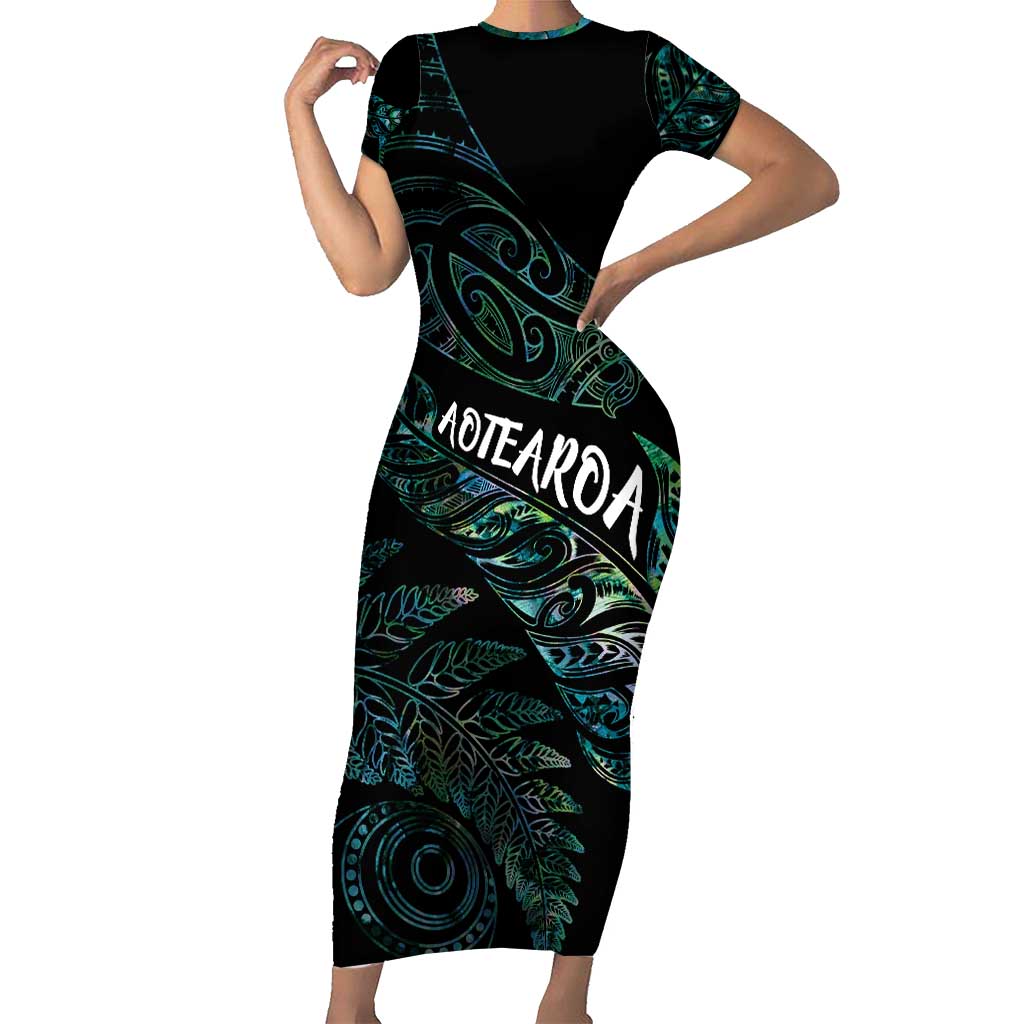Aotearoa Personalized Lawn Bowls Maori Short Sleeve Bodycon Dress New Zealand Paua Shell Tribal Silver Fern LT7 Long Dress Green - Polynesian Pride