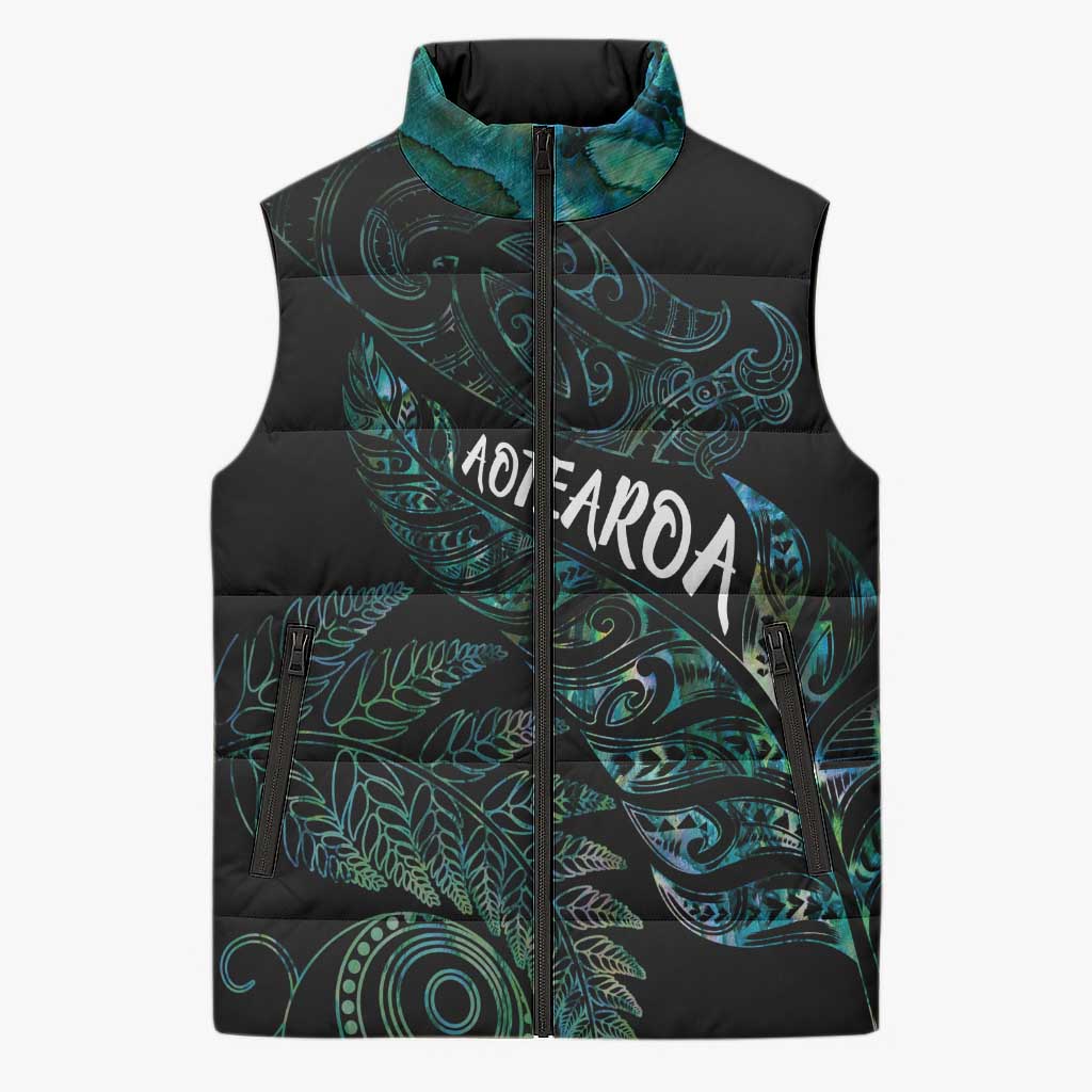 Aotearoa Personalized Lawn Bowls Maori Sleeveless Puffer Jacket New Zealand Paua Shell Tribal Silver Fern LT7 Unisex Green - Polynesian Pride
