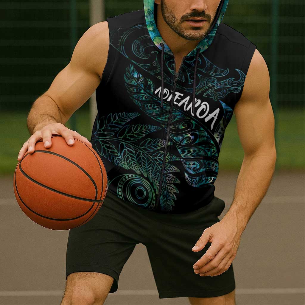 Aotearoa Personalized Lawn Bowls Maori Sleeveless Zip Hoodie New Zealand Paua Shell Tribal Silver Fern LT7 - Polynesian Pride