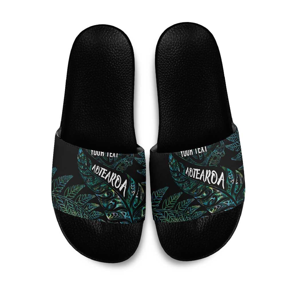 Aotearoa Personalized Lawn Bowls Maori Slide Sandals New Zealand Paua Shell Tribal Silver Fern LT7 Green - Polynesian Pride