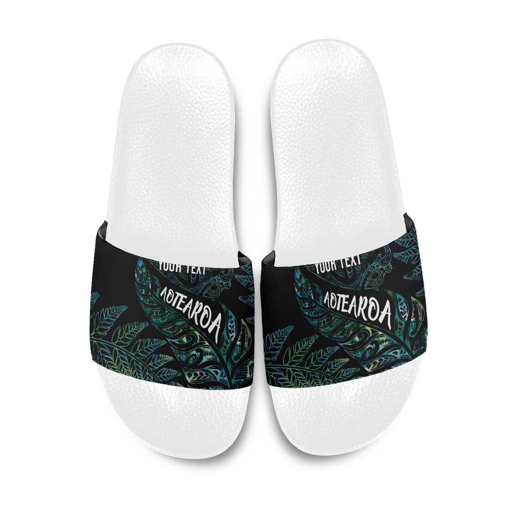Aotearoa Personalized Lawn Bowls Maori Slide Sandals New Zealand Paua Shell Tribal Silver Fern LT7 Green - Polynesian Pride