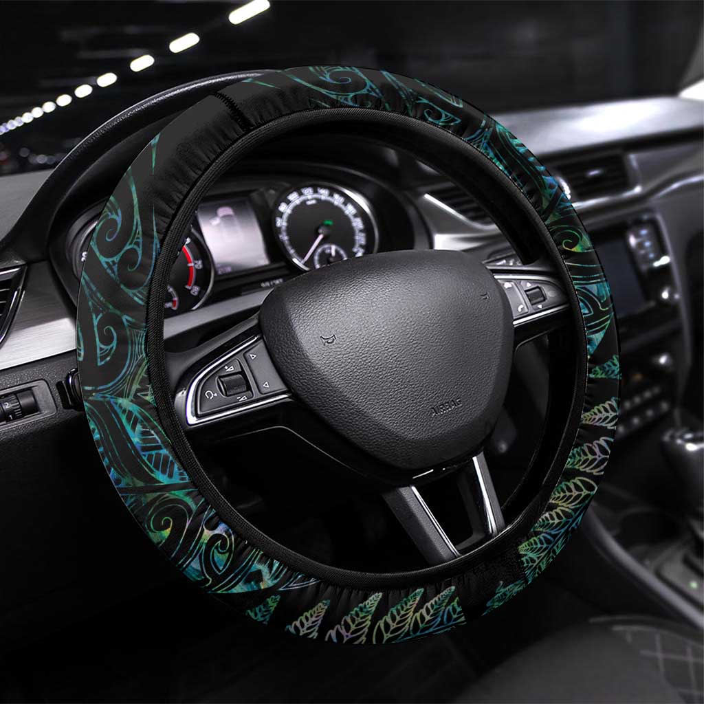 Aotearoa Lawn Bowls Maori Steering Wheel Cover New Zealand Paua Shell Tribal Silver Fern LT7 Universal Fit Green - Polynesian Pride