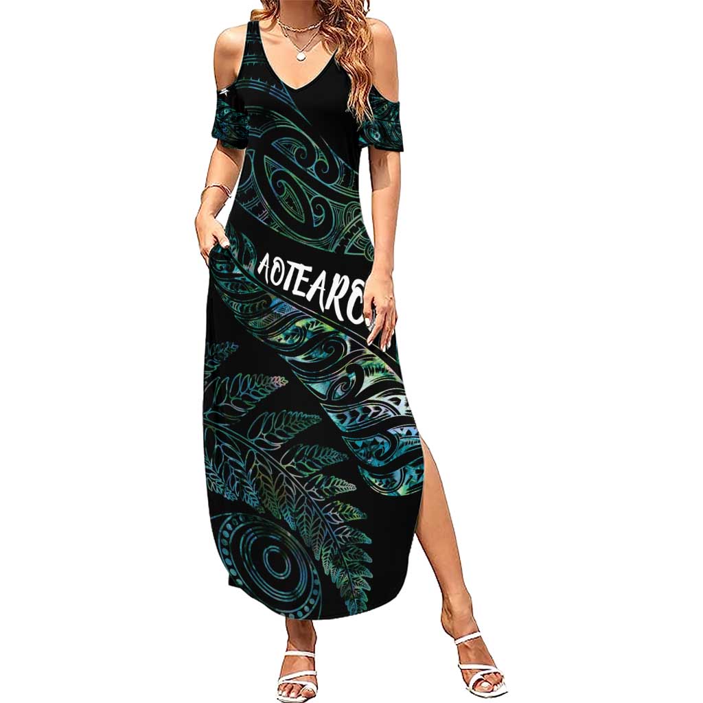 Aotearoa Personalized Lawn Bowls Maori Summer Maxi Dress New Zealand Paua Shell Tribal Silver Fern LT7 Women Green - Polynesian Pride