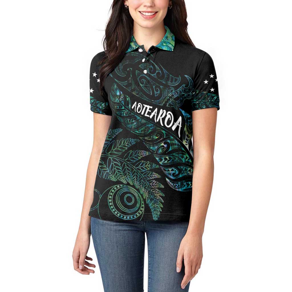 Aotearoa Personalized Lawn Bowls Maori Women Polo Shirt New Zealand Paua Shell Tribal Silver Fern - Polynesian Pride
