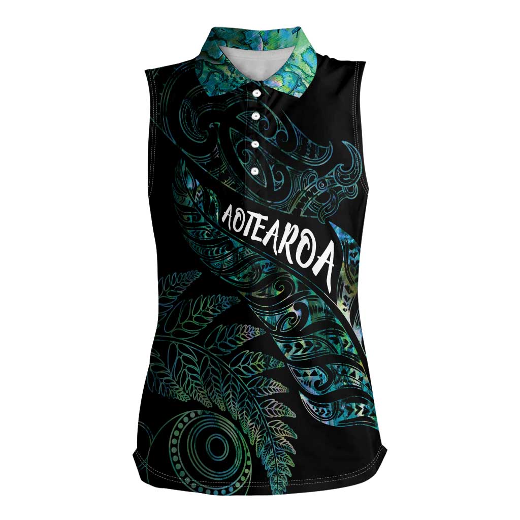 Aotearoa Personalized Lawn Bowls Maori Women Sleeveless Polo Shirt New Zealand Paua Shell Tribal Silver Fern - Polynesian Pride