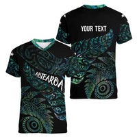 Aotearoa Personalized Lawn Bowls Maori Women V-Neck T-Shirt New Zealand Paua Shell Tribal Silver Fern LT7 - Polynesian Pride