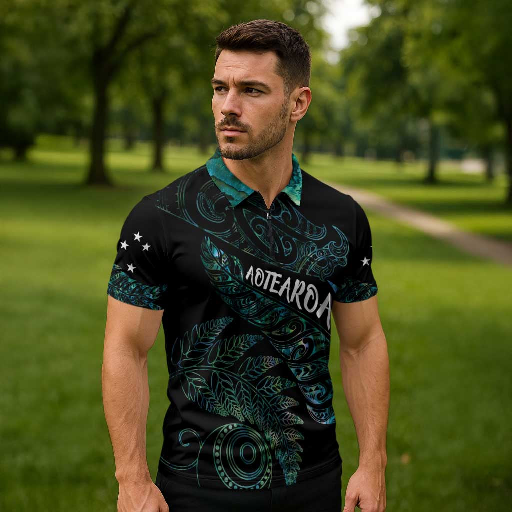 Aotearoa Personalized Lawn Bowls Maori Zipper Polo Shirt New Zealand Paua Shell Tribal Silver Fern - Polynesian Pride