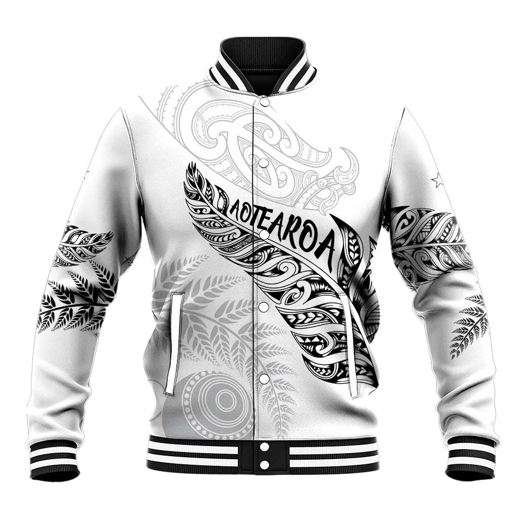Aotearoa Personalized Lawn Bowls Maori Baseball Jacket New Zealand White Tribal Silver Fern LT7 Unisex White - Polynesian Pride
