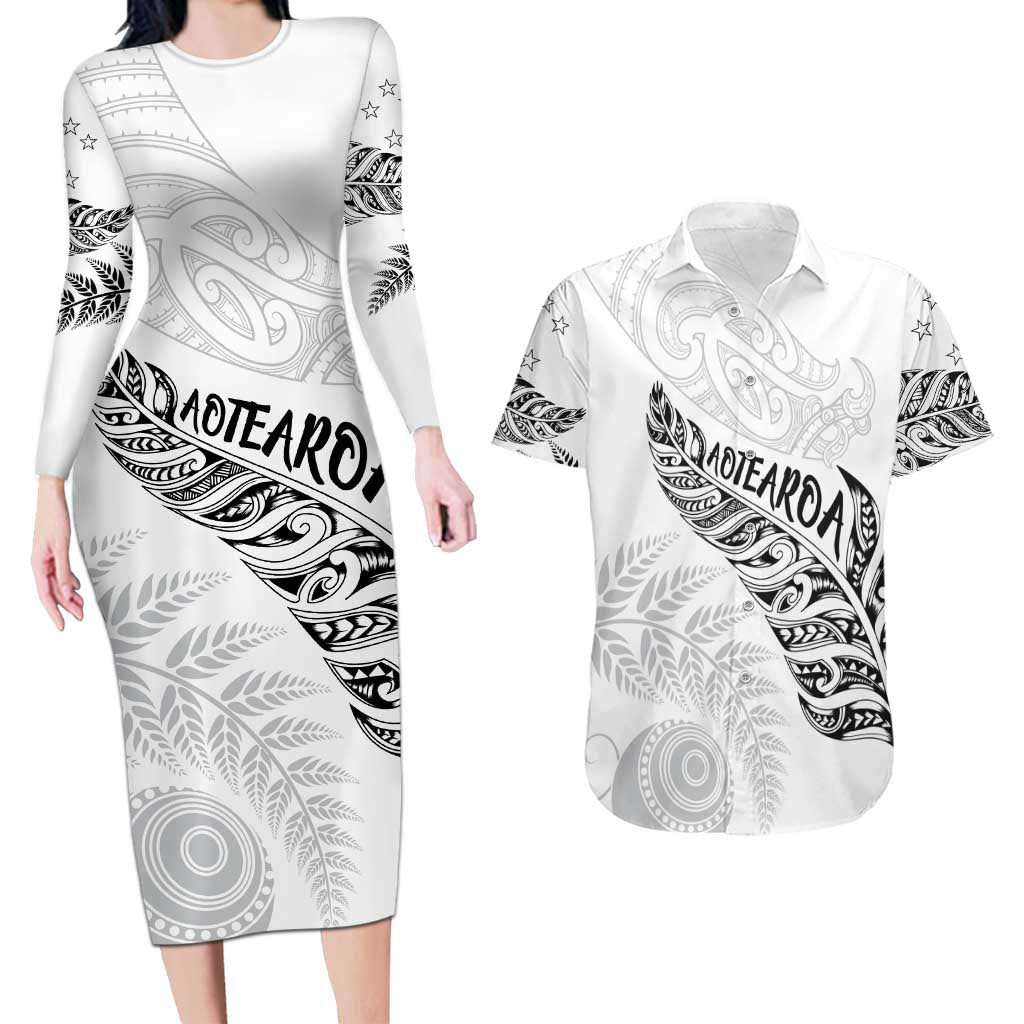 Aotearoa Personalized Lawn Bowls Maori Couples Matching Long Sleeve Bodycon Dress and Hawaiian Shirt New Zealand White Tribal Silver Fern - Polynesian Pride