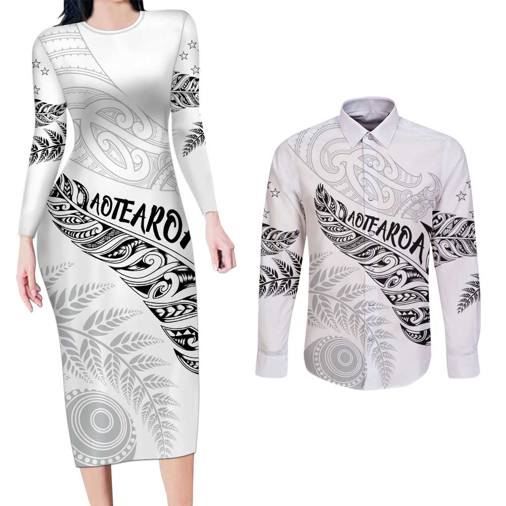 Aotearoa Personalized Lawn Bowls Maori Couples Matching Long Sleeve Bodycon Dress and Long Sleeve Button Shirt New Zealand White Tribal Silver Fern LT7 White - Polynesian Pride