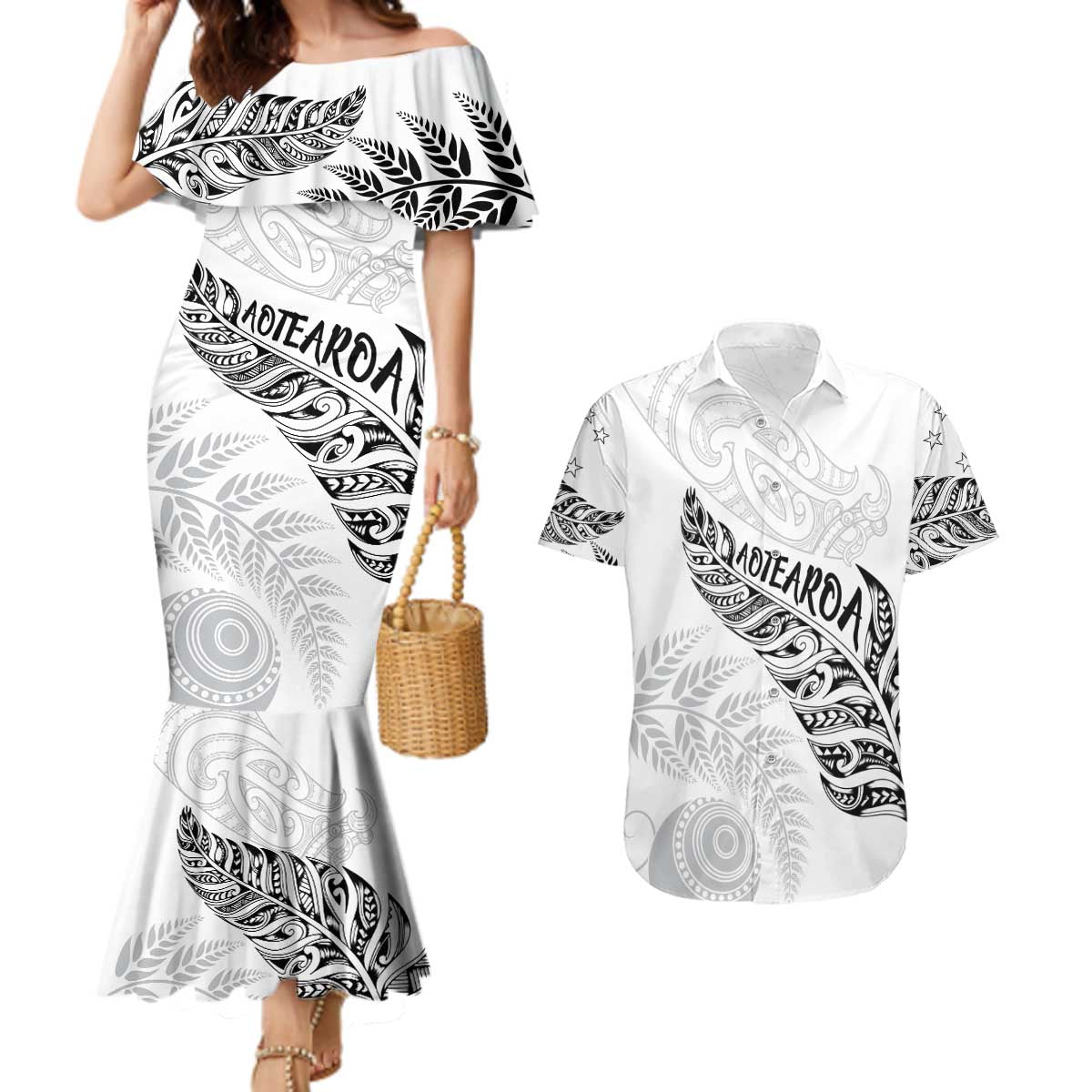 Aotearoa Personalized Lawn Bowls Maori Couples Matching Mermaid Dress and Hawaiian Shirt New Zealand White Tribal Silver Fern LT7 White - Polynesian Pride