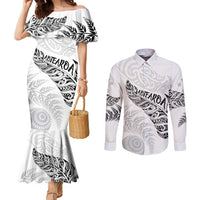 Aotearoa Personalized Lawn Bowls Maori Couples Matching Mermaid Dress and Long Sleeve Button Shirt New Zealand White Tribal Silver Fern LT7 White - Polynesian Pride
