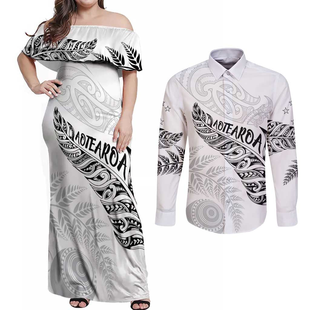 Aotearoa Personalized Lawn Bowls Maori Couples Matching Off Shoulder Maxi Dress and Long Sleeve Button Shirt New Zealand White Tribal Silver Fern LT7 White - Polynesian Pride