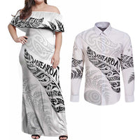Aotearoa Personalized Lawn Bowls Maori Couples Matching Off Shoulder Maxi Dress and Long Sleeve Button Shirt New Zealand White Tribal Silver Fern LT7 White - Polynesian Pride