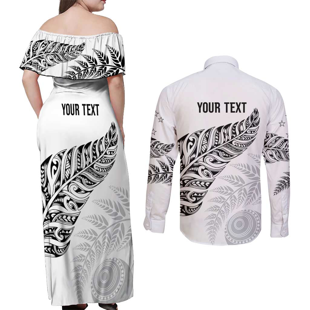 Aotearoa Personalized Lawn Bowls Maori Couples Matching Off Shoulder Maxi Dress and Long Sleeve Button Shirt New Zealand White Tribal Silver Fern LT7 - Polynesian Pride
