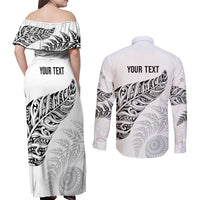 Aotearoa Personalized Lawn Bowls Maori Couples Matching Off Shoulder Maxi Dress and Long Sleeve Button Shirt New Zealand White Tribal Silver Fern LT7 - Polynesian Pride