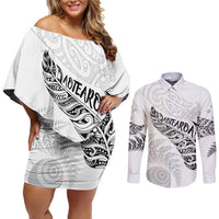 Aotearoa Personalized Lawn Bowls Maori Couples Matching Off Shoulder Short Dress and Long Sleeve Button Shirt New Zealand White Tribal Silver Fern LT7 White - Polynesian Pride