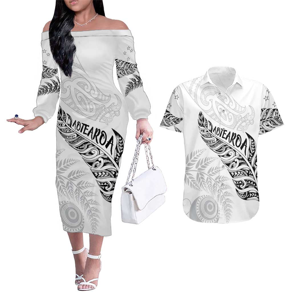 Aotearoa Personalized Lawn Bowls Maori Couples Matching Off The Shoulder Long Sleeve Dress and Hawaiian Shirt New Zealand White Tribal Silver Fern LT7 White - Polynesian Pride