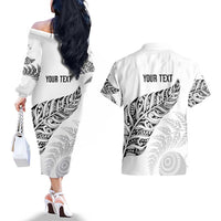 Aotearoa Personalized Lawn Bowls Maori Couples Matching Off The Shoulder Long Sleeve Dress and Hawaiian Shirt New Zealand White Tribal Silver Fern LT7 - Polynesian Pride