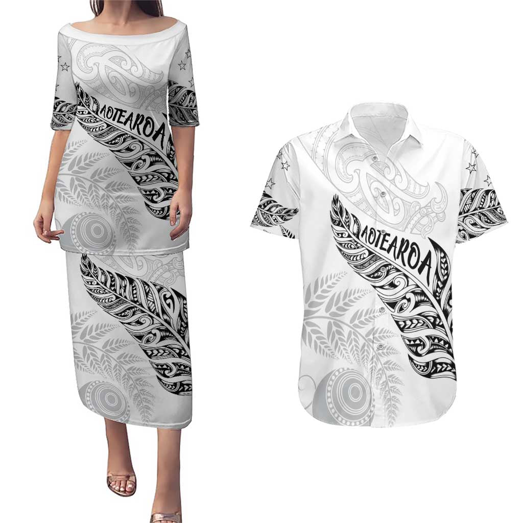 Aotearoa Personalized Lawn Bowls Maori Couples Matching Puletasi and Hawaiian Shirt New Zealand White Tribal Silver Fern - Polynesian Pride