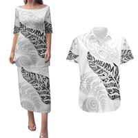 Aotearoa Personalized Lawn Bowls Maori Couples Matching Puletasi and Hawaiian Shirt New Zealand White Tribal Silver Fern LT7 White - Polynesian Pride