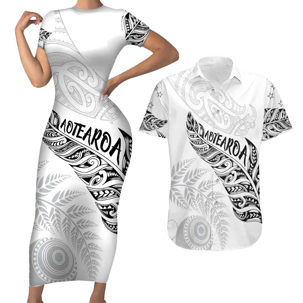 Aotearoa Personalized Lawn Bowls Maori Couples Matching Short Sleeve Bodycon Dress and Hawaiian Shirt New Zealand White Tribal Silver Fern - Polynesian Pride