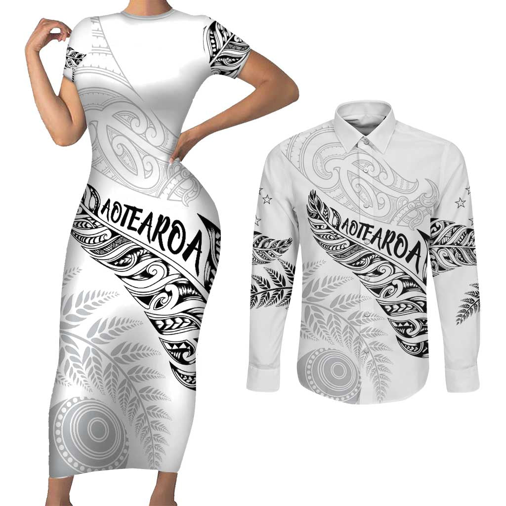 Aotearoa Personalized Lawn Bowls Maori Couples Matching Short Sleeve Bodycon Dress and Long Sleeve Button Shirt New Zealand White Tribal Silver Fern LT7 White - Polynesian Pride