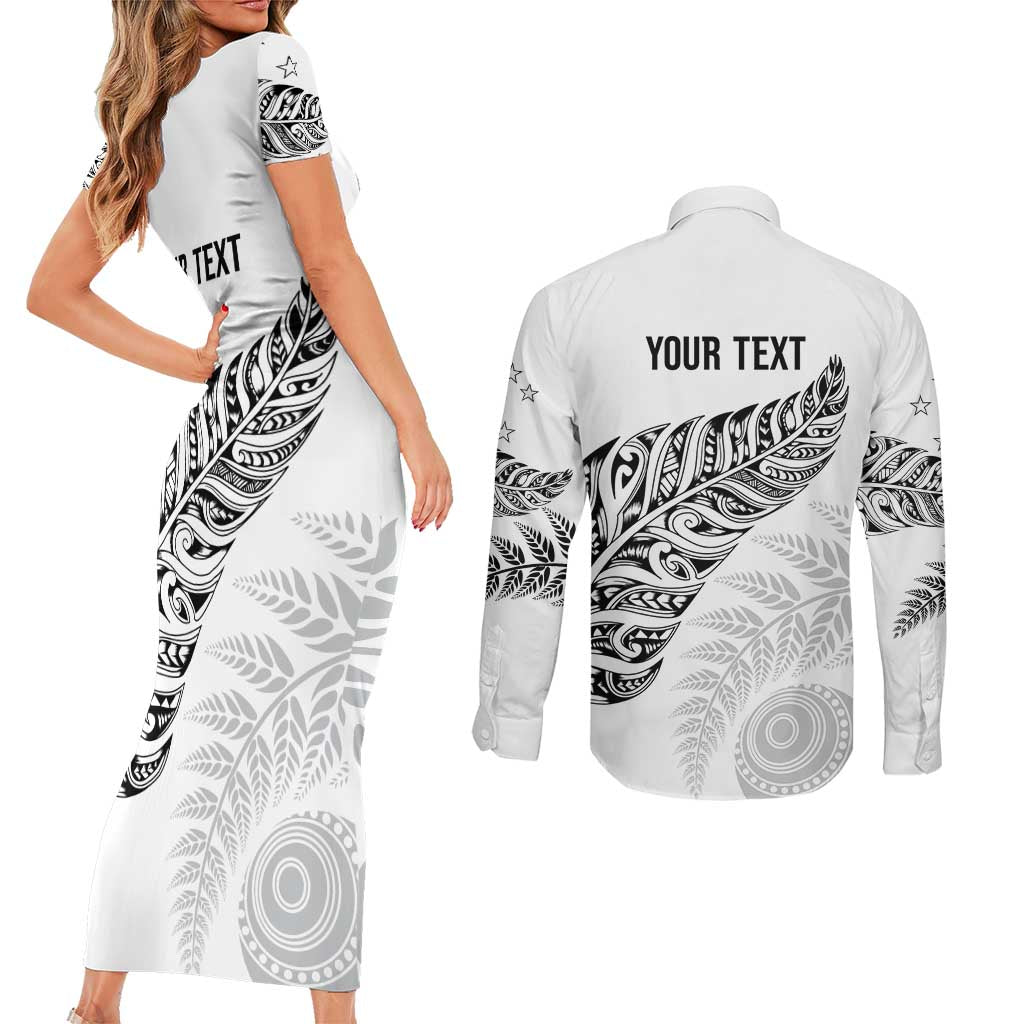 Aotearoa Personalized Lawn Bowls Maori Couples Matching Short Sleeve Bodycon Dress and Long Sleeve Button Shirt New Zealand White Tribal Silver Fern LT7 - Polynesian Pride