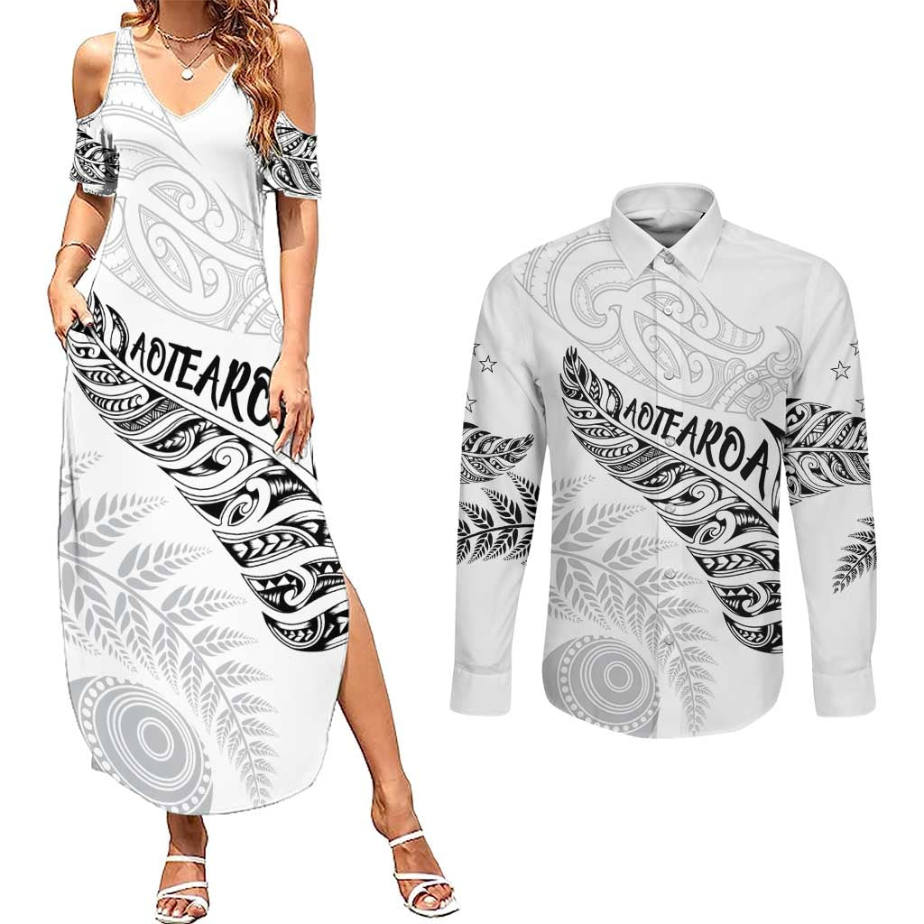Aotearoa Personalized Lawn Bowls Maori Couples Matching Summer Maxi Dress and Long Sleeve Button Shirt New Zealand White Tribal Silver Fern - Polynesian Pride