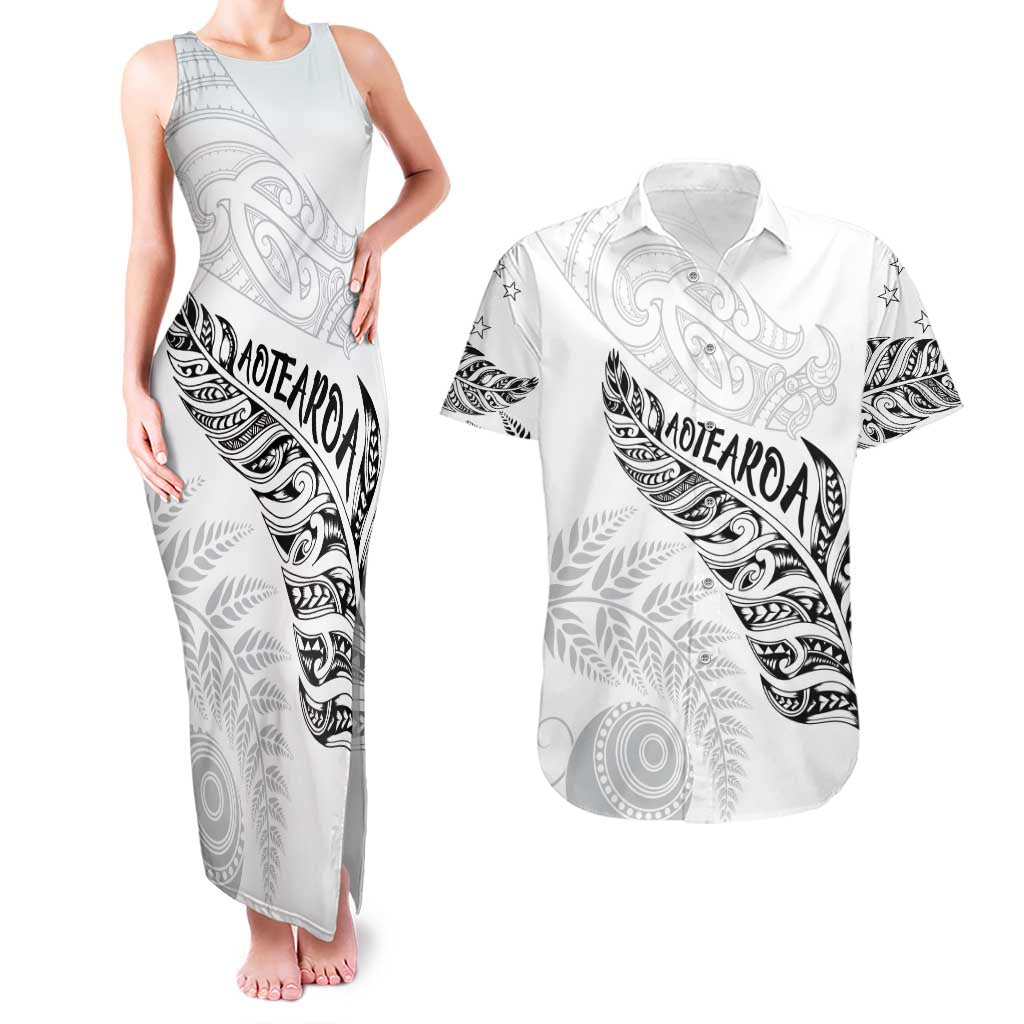 Aotearoa Personalized Lawn Bowls Maori Couples Matching Tank Maxi Dress and Hawaiian Shirt New Zealand White Tribal Silver Fern - Polynesian Pride