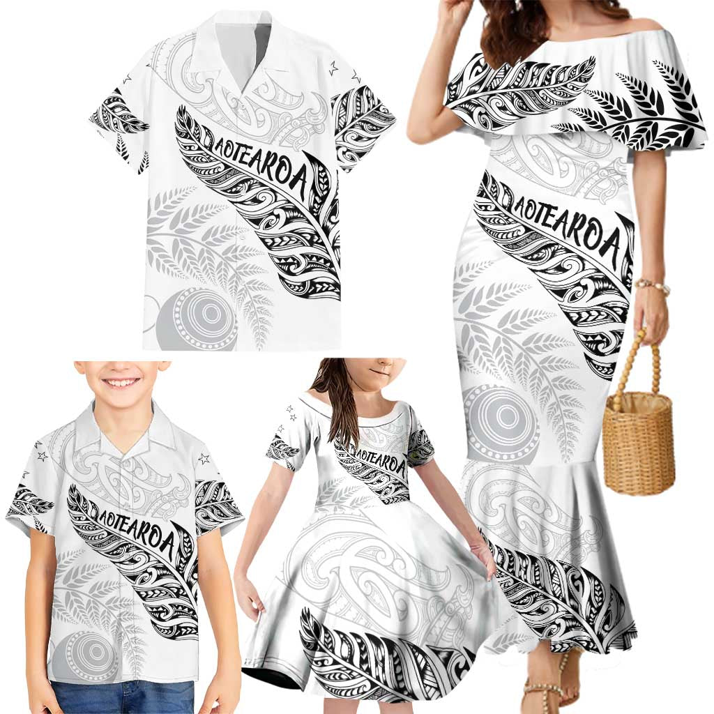 Aotearoa Personalized Lawn Bowls Maori Family Matching Mermaid Dress and Hawaiian Shirt New Zealand White Tribal Silver Fern - Polynesian Pride