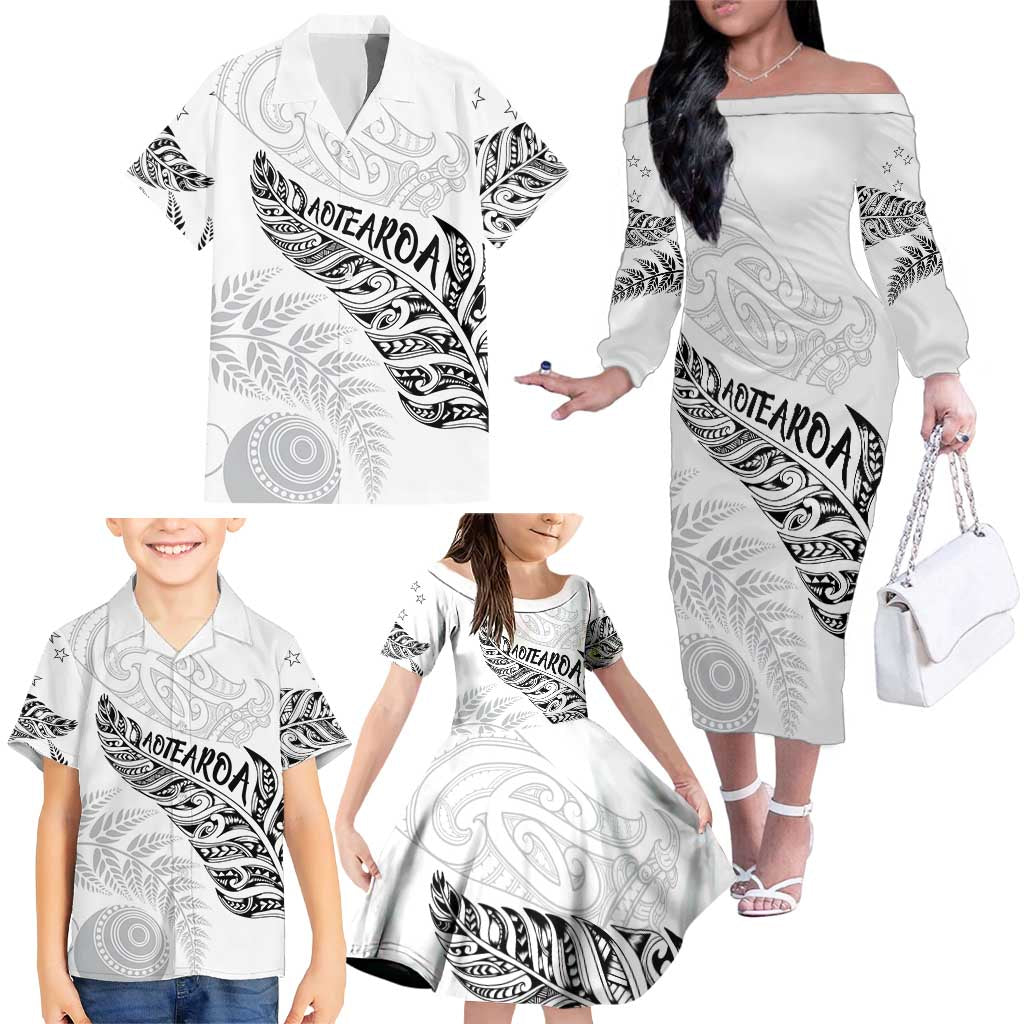 Aotearoa Personalized Lawn Bowls Maori Family Matching Off The Shoulder Long Sleeve Dress and Hawaiian Shirt New Zealand White Tribal Silver Fern LT7 - Polynesian Pride