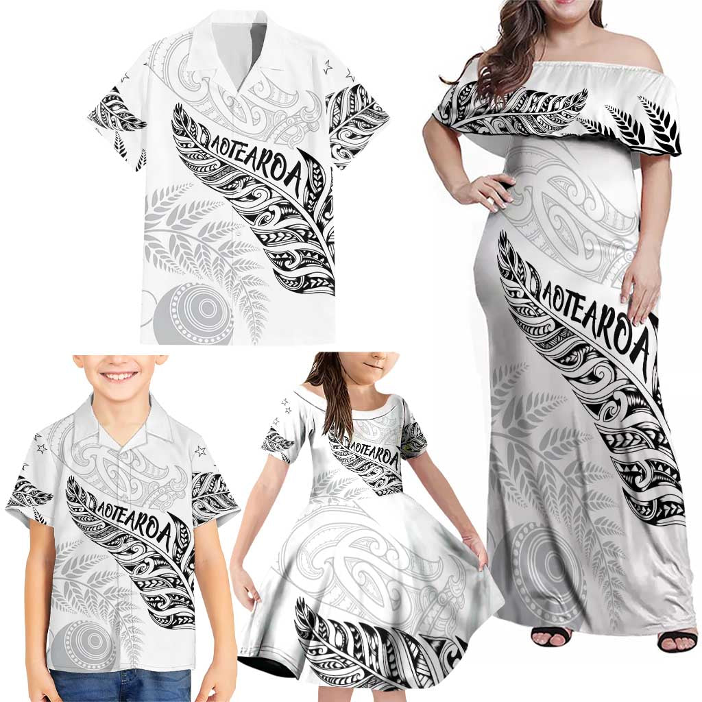 Aotearoa Personalized Lawn Bowls Maori Family Matching Off Shoulder Maxi Dress and Hawaiian Shirt New Zealand White Tribal Silver Fern LT7 - Polynesian Pride