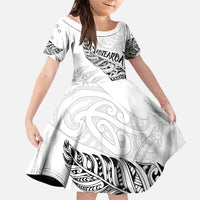 Aotearoa Personalized Lawn Bowls Maori Family Matching Off Shoulder Short Dress and Hawaiian Shirt New Zealand White Tribal Silver Fern LT7 Daughter's Dress White - Polynesian Pride