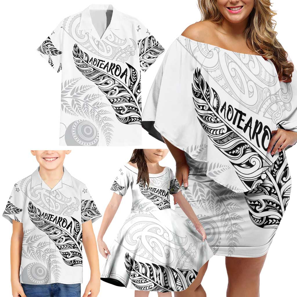 Aotearoa Personalized Lawn Bowls Maori Family Matching Off Shoulder Short Dress and Hawaiian Shirt New Zealand White Tribal Silver Fern - Polynesian Pride