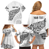 Aotearoa Personalized Lawn Bowls Maori Family Matching Off Shoulder Short Dress and Hawaiian Shirt New Zealand White Tribal Silver Fern LT7 - Polynesian Pride