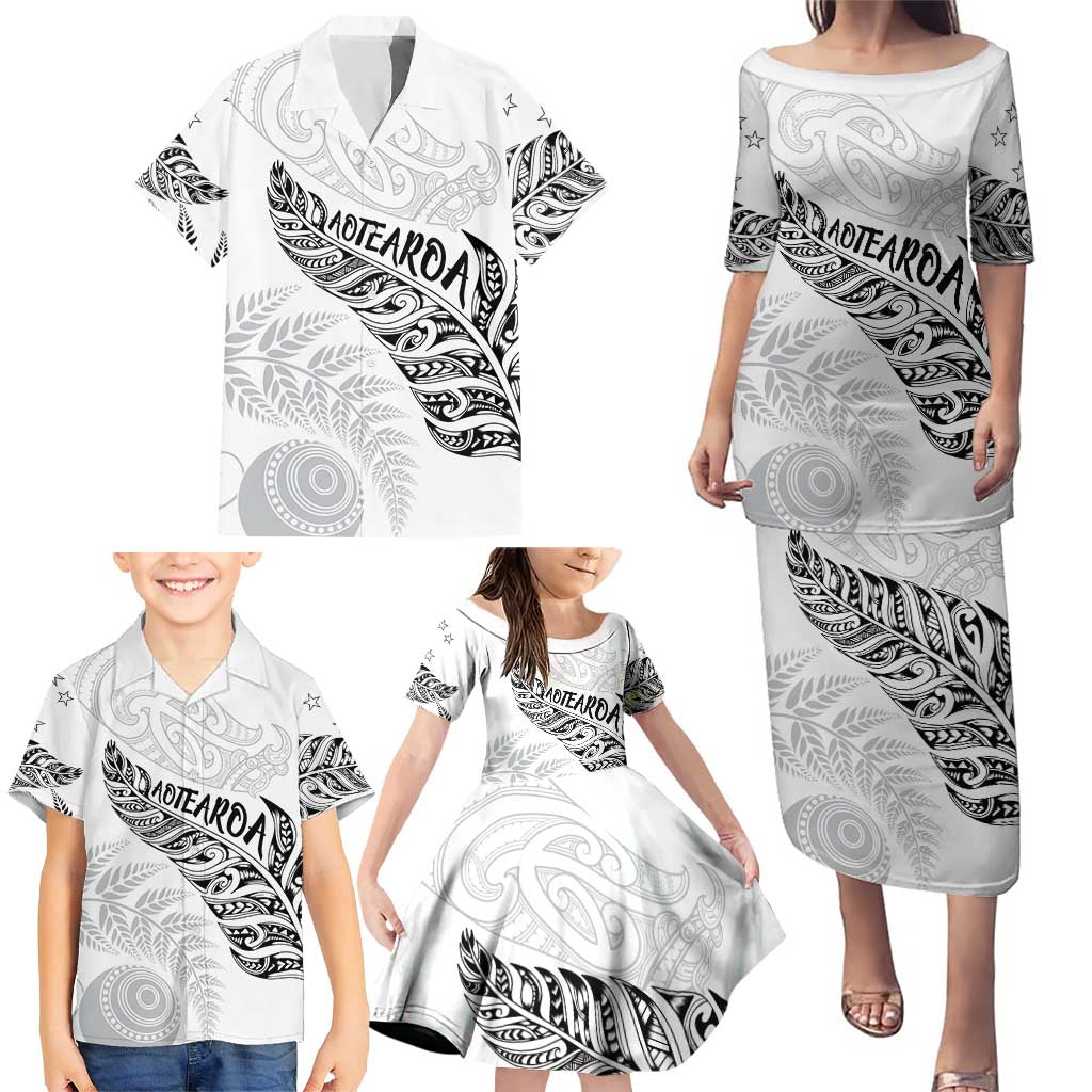 Aotearoa Personalized Lawn Bowls Maori Family Matching Puletasi and Hawaiian Shirt New Zealand White Tribal Silver Fern - Polynesian Pride