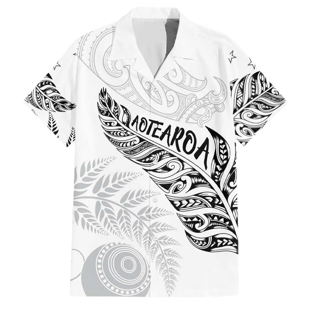 Aotearoa Personalized Lawn Bowls Maori Family Matching Puletasi and Hawaiian Shirt New Zealand White Tribal Silver Fern LT7 Dad's Shirt - Short Sleeve White - Polynesian Pride