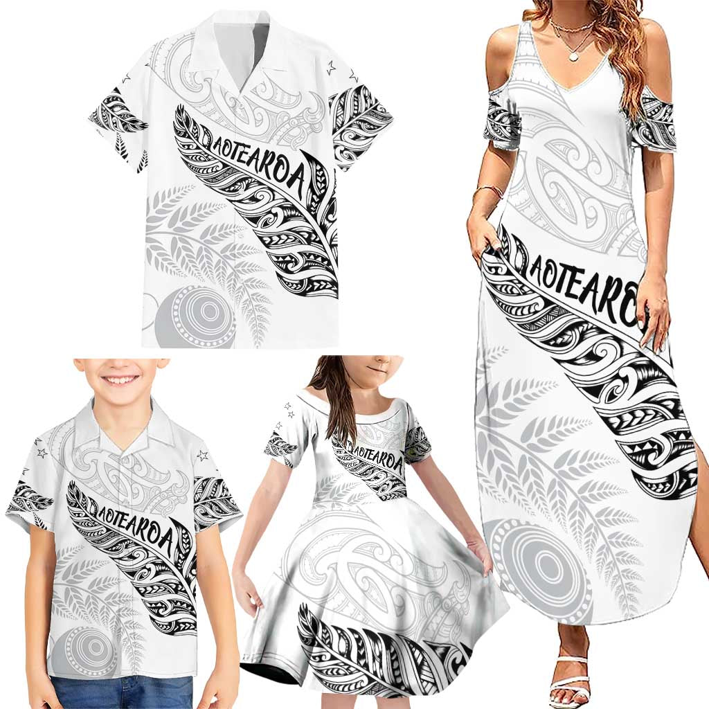 Aotearoa Personalized Lawn Bowls Maori Family Matching Summer Maxi Dress and Hawaiian Shirt New Zealand White Tribal Silver Fern - Polynesian Pride