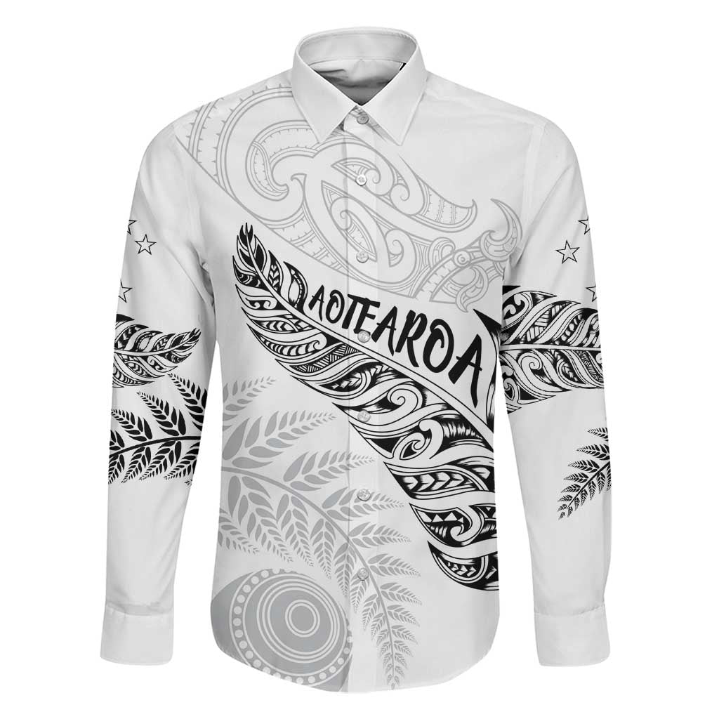 Aotearoa Personalized Lawn Bowls Maori Family Matching Summer Maxi Dress and Hawaiian Shirt New Zealand White Tribal Silver Fern LT7 Dad's Shirt - Long Sleeve White - Polynesian Pride
