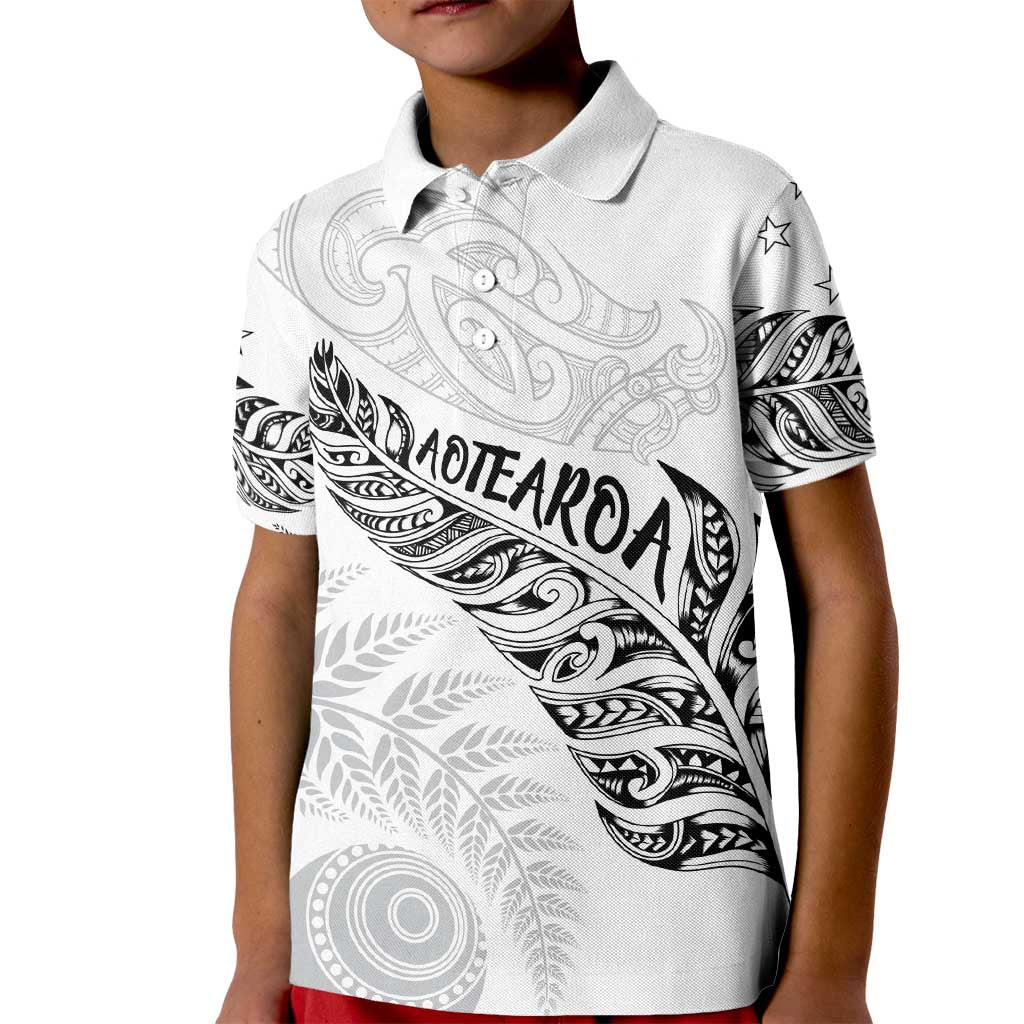 Aotearoa Personalized Lawn Bowls Maori Kid Polo Shirt New Zealand White Tribal Silver Fern LT7 Kid White - Polynesian Pride