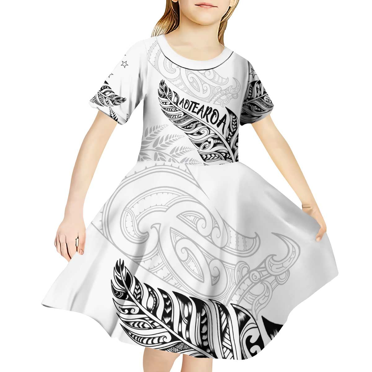 Aotearoa Personalized Lawn Bowls Maori Kid Short Sleeve Dress New Zealand White Tribal Silver Fern LT7 - Polynesian Pride