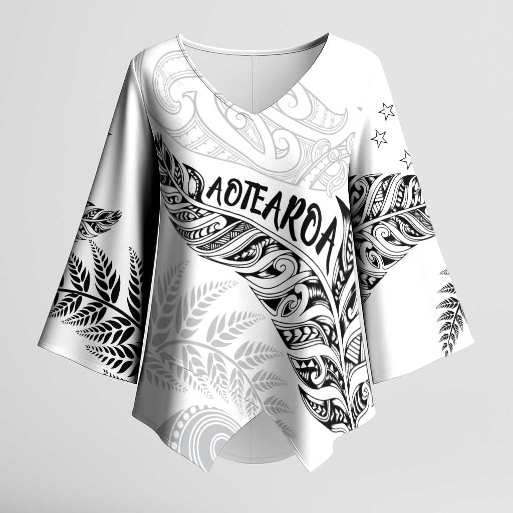 Aotearoa Personalized Lawn Bowls Maori Kimono Sleeve Blouse New Zealand White Tribal Silver Fern LT7 Female White - Polynesian Pride
