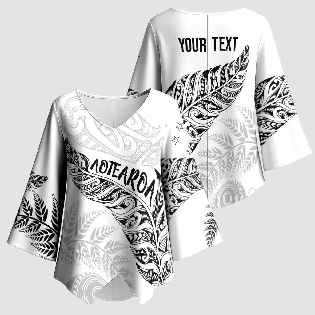 Aotearoa Personalized Lawn Bowls Maori Kimono Sleeve Blouse New Zealand White Tribal Silver Fern LT7 - Polynesian Pride