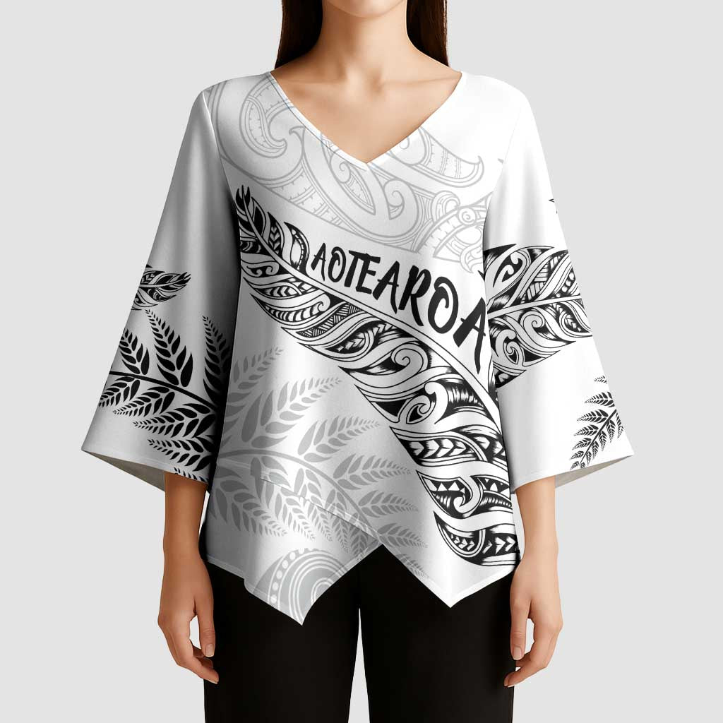 Aotearoa Personalized Lawn Bowls Maori Kimono Sleeve Blouse New Zealand White Tribal Silver Fern LT7 - Polynesian Pride