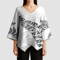 Aotearoa Personalized Lawn Bowls Maori Kimono Sleeve Blouse New Zealand White Tribal Silver Fern LT7 - Polynesian Pride