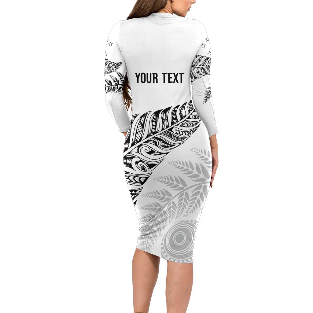 Aotearoa Personalized Lawn Bowls Maori Long Sleeve Bodycon Dress New Zealand White Tribal Silver Fern LT7 - Polynesian Pride